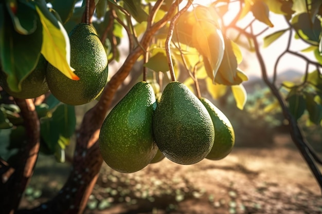 Avocados hanging growing on a tree closeup