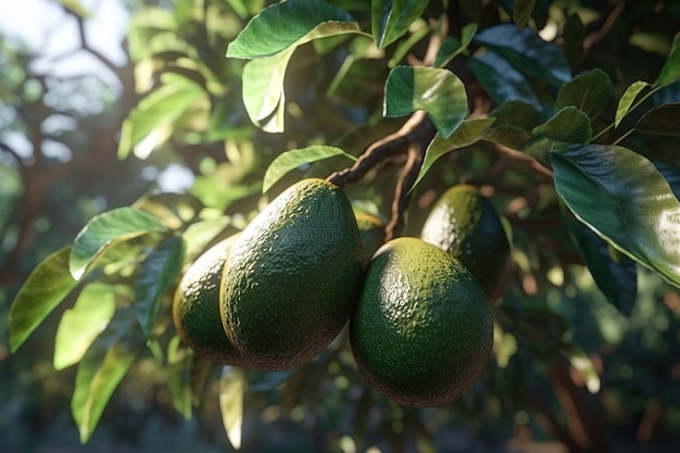 Avocados hanging growing on a tree closeup