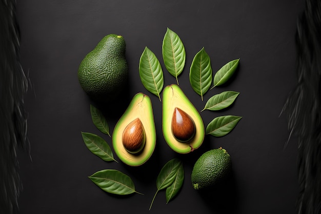 Avocados in their entirety and in half top view against a dark background