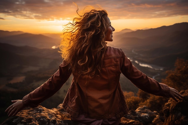 Awakening Joy Woman Embracing Sunrise and Environment Guided by Generative AI