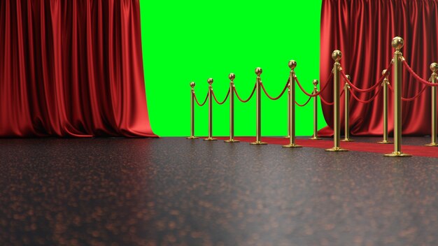 Award scene with open red curtains on a green screen. Red velvet carpet between golden hedges