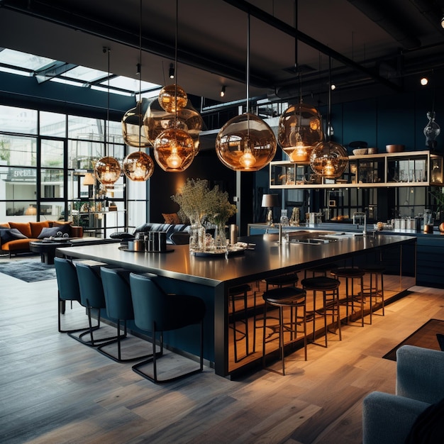 a award winning interior shot of an industrial Tom Dixon interior design style kitchen