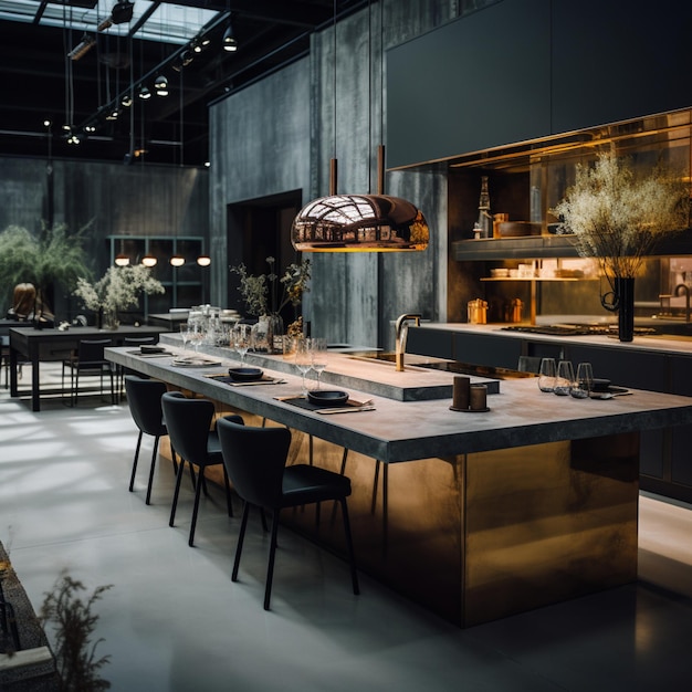 a award winning interior shot of an industrial Tom Dixon interior design style kitchen