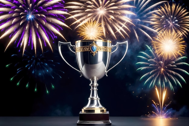 An award winning moment is beautifully portrayed with a trophy cup and fireworks radiating luxury and success AI Generated