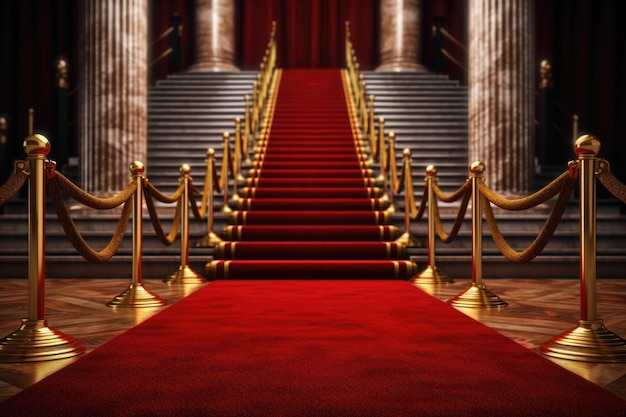 Awards show background Red velvet carpet between golden barriers connected by a rope Generative AI