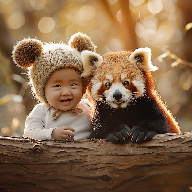 Awardwinning wildlife photography of a Chinese cute boy and a cute red panda cub The baby is weari