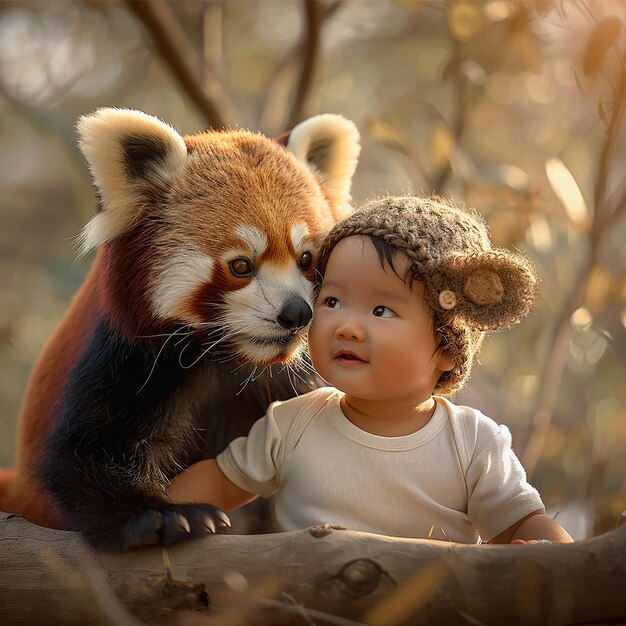 Awardwinning wildlife photography of a Chinese cute boy and a cute red panda cub The baby is weari