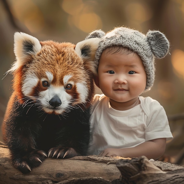 Awardwinning wildlife photography of a Chinese cute boy and a cute red panda cub The baby is weari