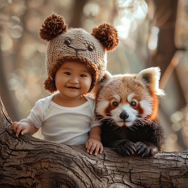 Awardwinning wildlife photography of a Chinese cute boy and a cute red panda cub The baby is weari