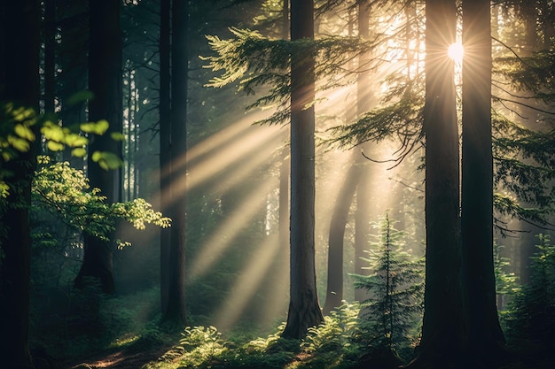 Aweinspiring forest view with radiant sunbeams shining through the trees generative AI