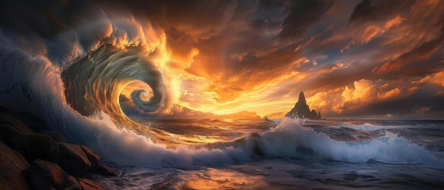 An aweinspiring natural seascape featuring a massive whirlpool wave under a vibrant sunset