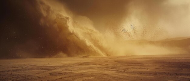 Aweinspiring sandstorm surges across a barren landscape at dusk