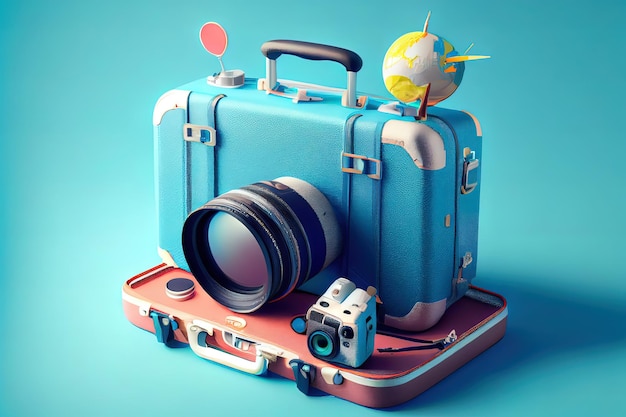 Awesome Camera with traveling suitcase and travel accessories on blue background wanderlust and