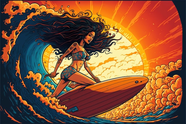 Awesome girl surfer with long and curly hair on the wave with surfboard bright colors Surfering colorful concept Generative AI