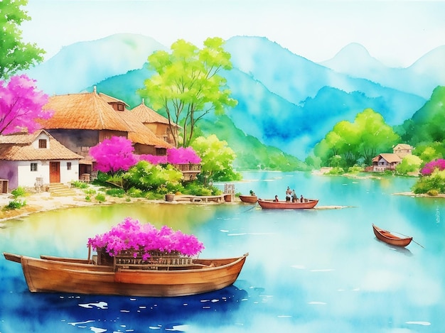 awesome multicolor lake side view village market colorful painting on paper HD watercolor image