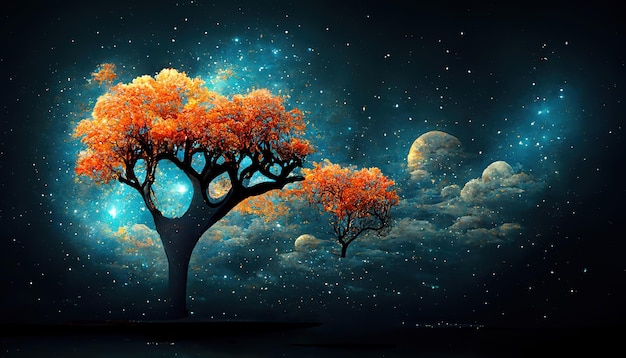 Awesome The tree in the night sky 3d illustration 3D graphics 3d rendering Detailed colored Generative Ai