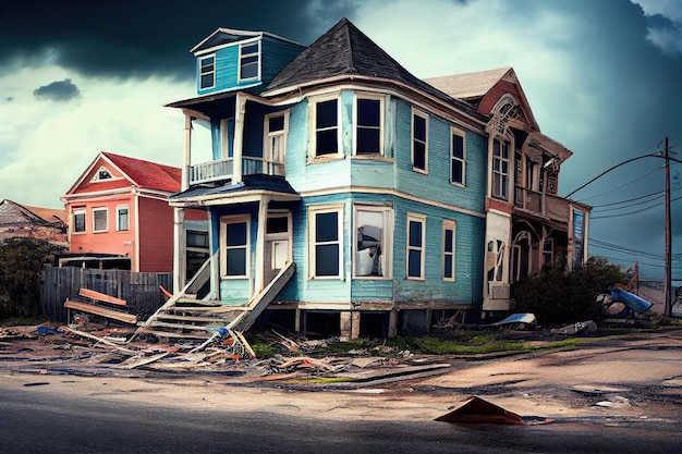 Awful devastation after hurricane on houses and people in city