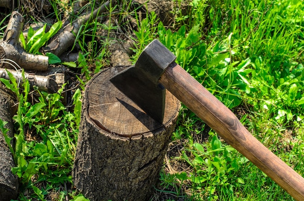 An ax and a deck for chopping firewood Work with wood Wood preparation