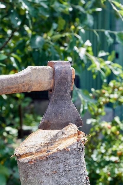 Ax in a log on the background of green grass. Cutting woods for campfire.