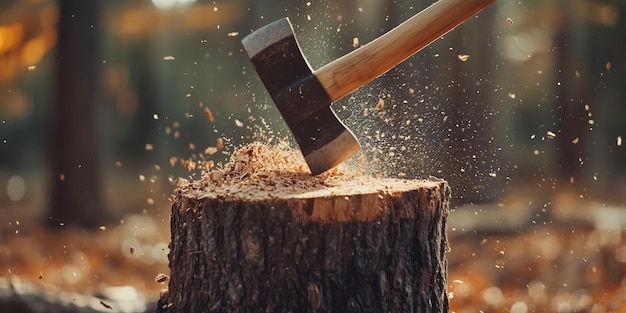 an axe stuck in a stump of a tree stump