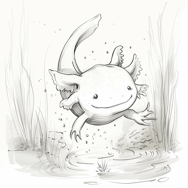 Axolotl isolated pencil drawing on white paper artwork