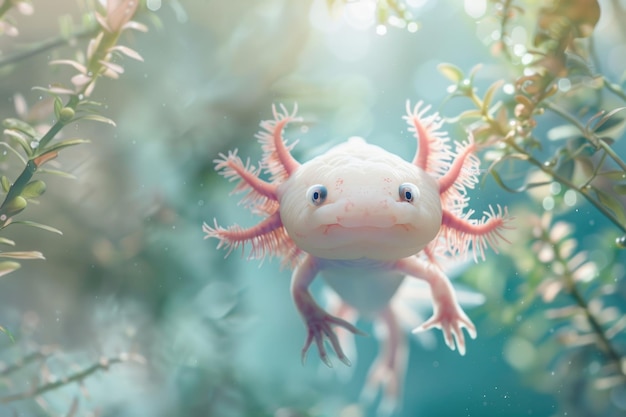 Axolotl swimming gracefully in a vibrant underwater environment with delicate gills and bright blue eyes surrounded by soft light and greenery ai