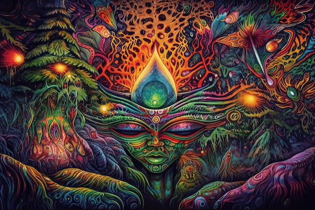 Ayahuasca experience spiritual psychedelic hallucinations surreal illustration Generative AI