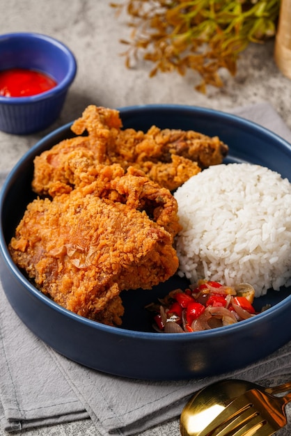 Ayam Geprek is an Indonesian Food crispy fried chicken with hot and spicy sambal Chili Sauce