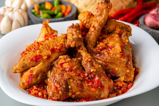 Ayam sambal balado or spicy fried chicken is Traditional food from Padang West Sumatra