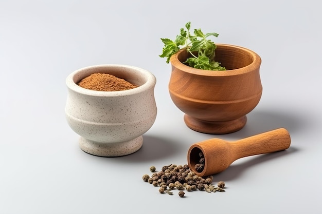 Ayurveda herbs on grey background with copy space for text for ayurvedic banner