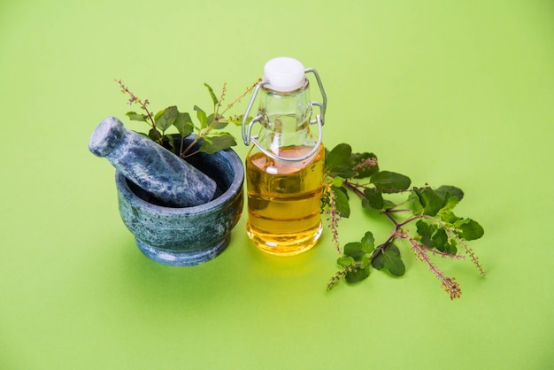 Ayurvedic Tulsi oil, Queen of herb extract in glass bottle with fresh green holy basil branches and mortar with Pestle. Isolated over colourful background. selective focus