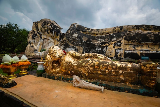 Ayutthaya Thailand October 5 2022 Reclining Buddha statue in Wat Lokaya Sutharam Temple in Ayutthaya Historical Park UNESCO world heritage