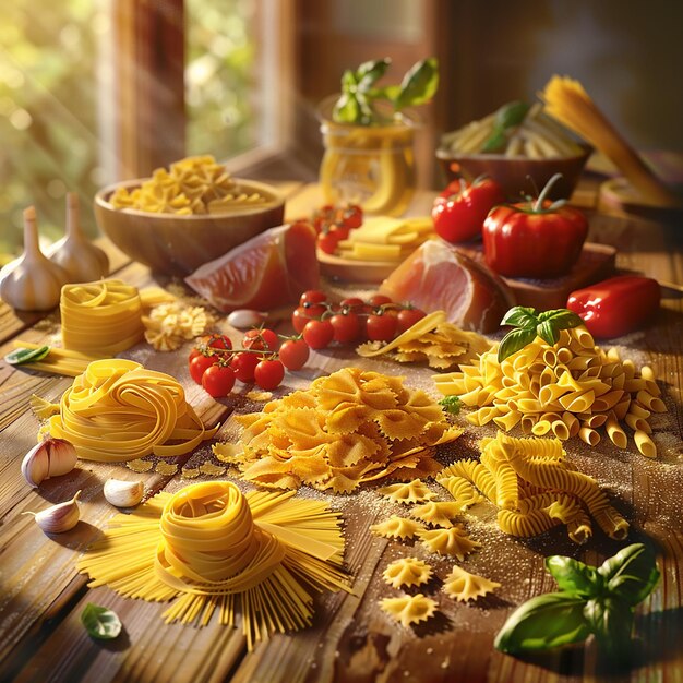 Photo ayxp250500 photorealistic image of various types of french pasta displayed on a rustic wooden ta