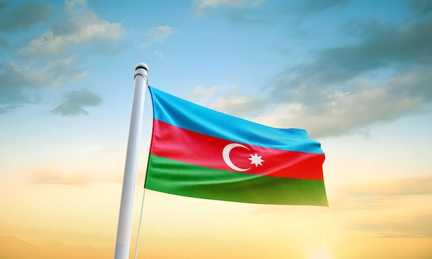 Azerbaijan flag waving in beautiful sky