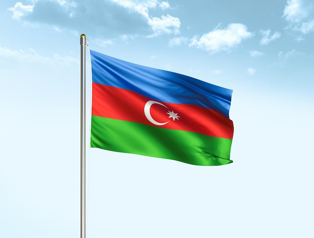 Azerbaijan national flag waving in blue sky with clouds Azerbaijan flag 3D illustration