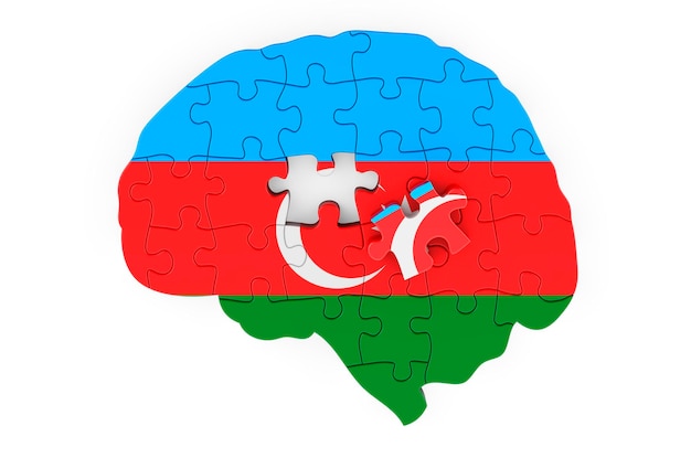 Azerbaijani flag painted on the brain from puzzles Scientific research and education in Azerbaijan concept 3D rendering