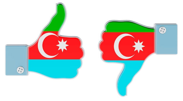 Azerbaijani flag painted on the hand with thumb up and thumb down Like and dislike in Azerbaijan concept 3D rendering isolated on white background