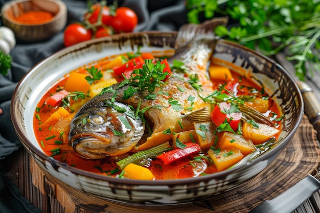 Azeri Syrdak with Sea Bass Homemade Asian Seafood Dish Vegetables and Leek on Natural Moss