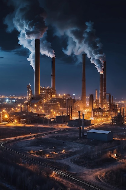 Azovstal in Mariupol Ukraine before war Steel plant at night Steel factory with smokestacks Steel works iron works Heavy industry Industrial landscape with metallurgical combine smokes lights