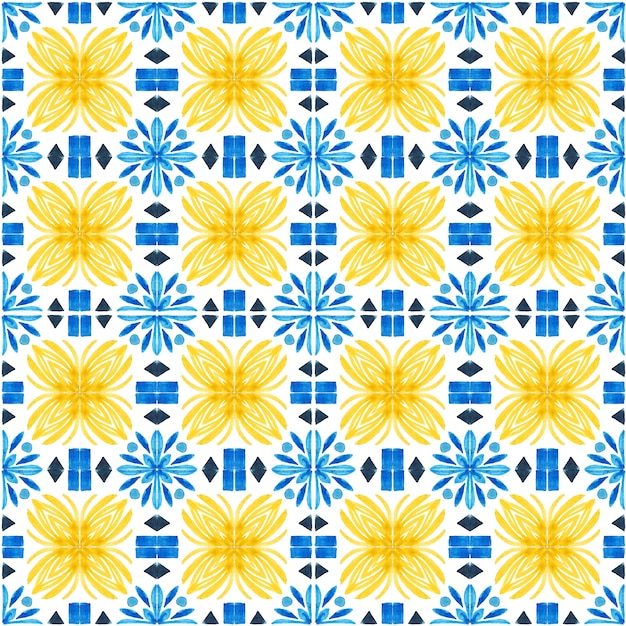 Azulejo watercolor seamless pattern. Traditional Portuguese ceramic tiles. Hand drawn abstract background. Watercolor artwork for textile, wallpaper, print, swimwear design. Yellow azulejo pattern.