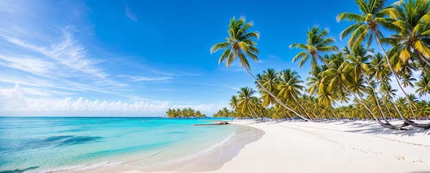 Azure beach with white sand turquoise water and palm trees banner Generative AI