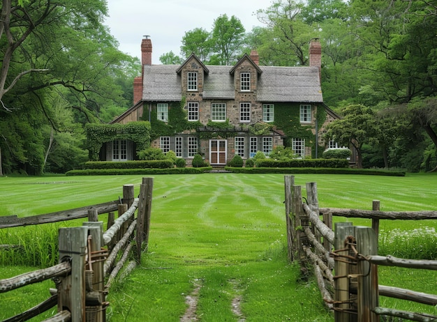 BA beautiful stone house with a large lawn and a wooden fence in front