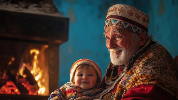 Photo baba dochka with a bright smile dressed in traditional bulgarian clothing sitting by a cozy fireplace with a young child set against a vibrant blue background