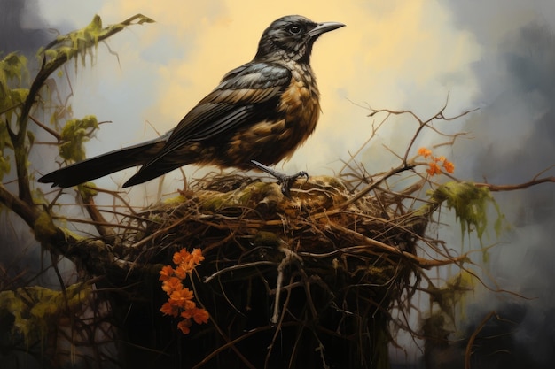 Babbler in the nest Bird in the nature Wildlife scene a painting of a bird sitting on top of a nest AI Generated