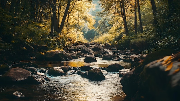 Photo a babbling brook flows through a lush forest sunlight dappling the water