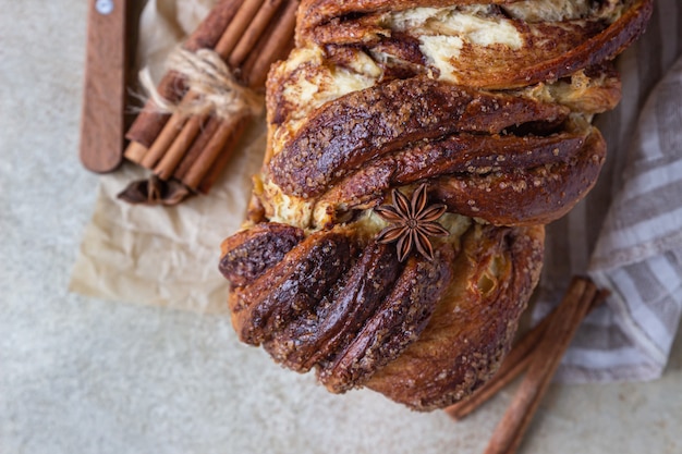 Babka or brioche bread with cinnamon and brown sugar