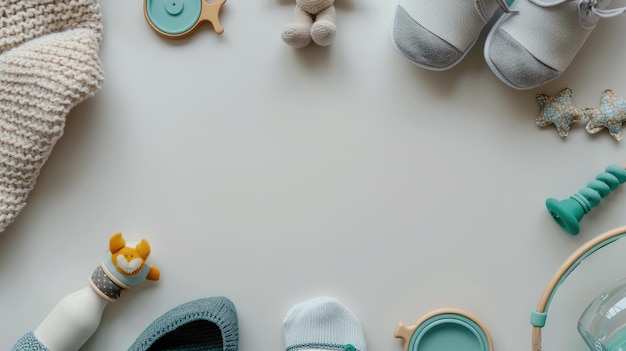 Photo baby accessories arranged in a flat lay frame on a light background featuring a white and beige color scheme with ample space for copy or product display