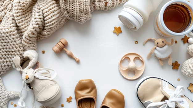 Photo baby accessories arranged in a flat lay frame on a light background featuring a white and beige color scheme with ample space for copy or product display