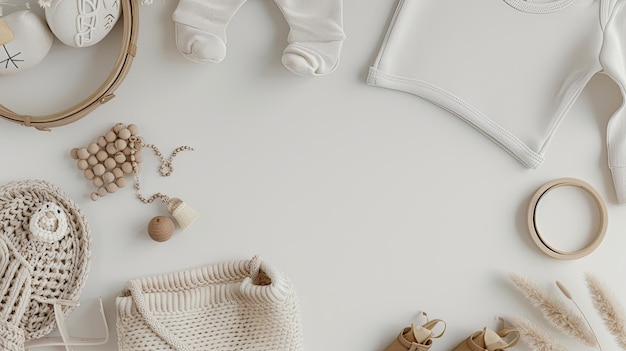 Photo baby accessories arranged in a flat lay frame on a light background featuring a white and beige color scheme with ample space for copy or product display