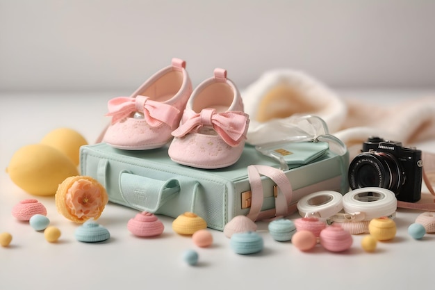 Photo baby accessories and shoes on white background